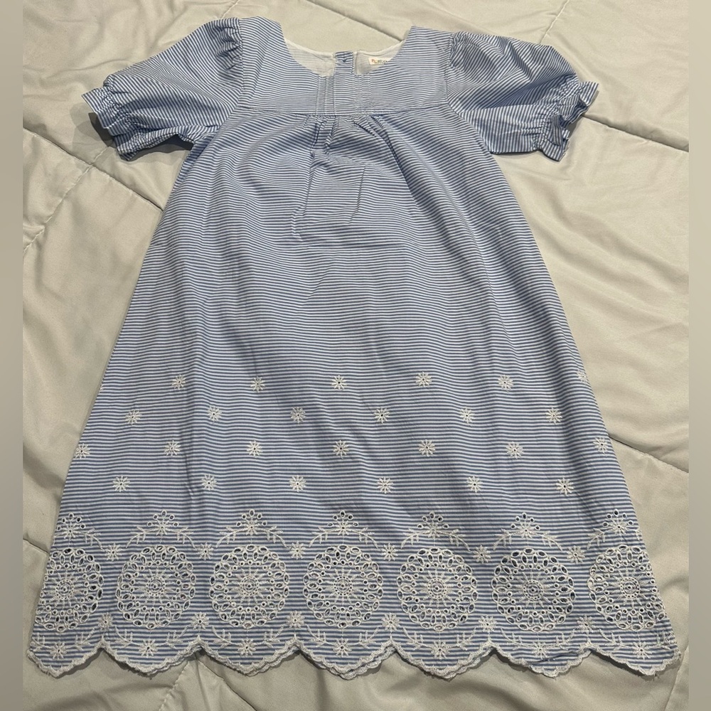 Blue and white striped dress with cotton eyelet detail
